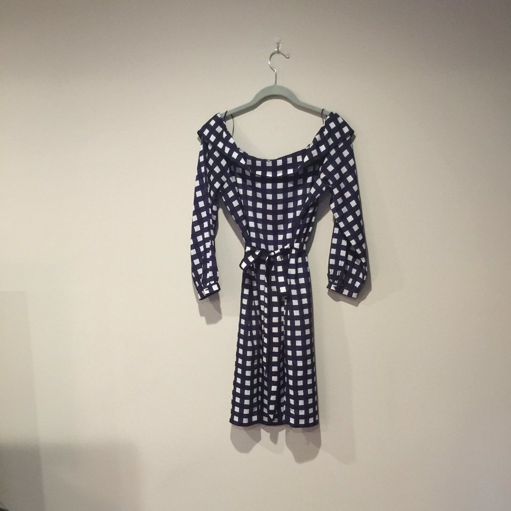 Banana Republic Blue Gingham Draped Shoulder Dress